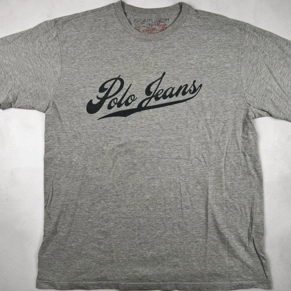 Vintage Polo Jeans Ralph Lauren Mens L Gray Script Logo T Shirt Y2K